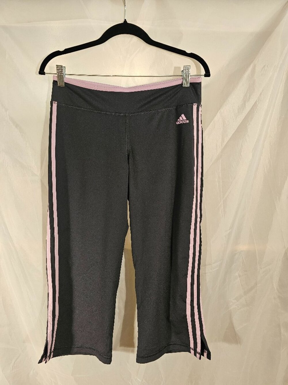 Adidas grey with lavender stripe capris. Size M. Like new